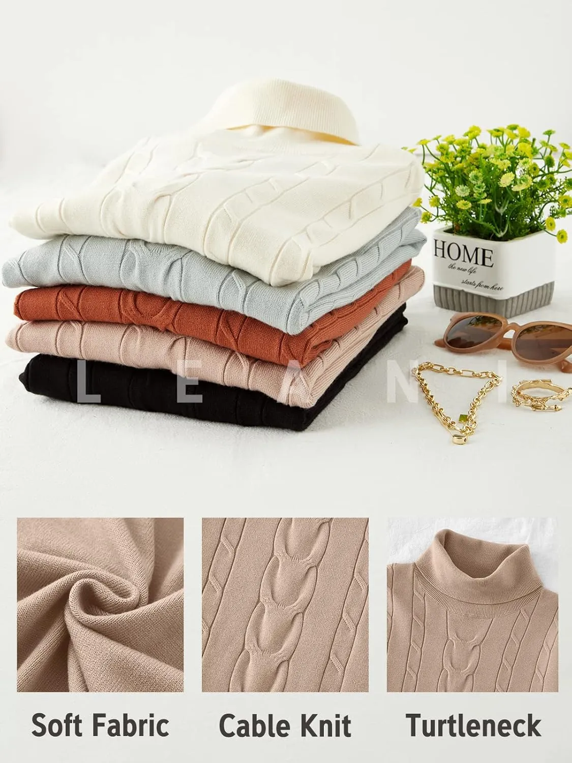 LEANI Womens 2024 Turtleneck Sweaters Cable Knit Long Sleeve Pullover Sweater Jumper