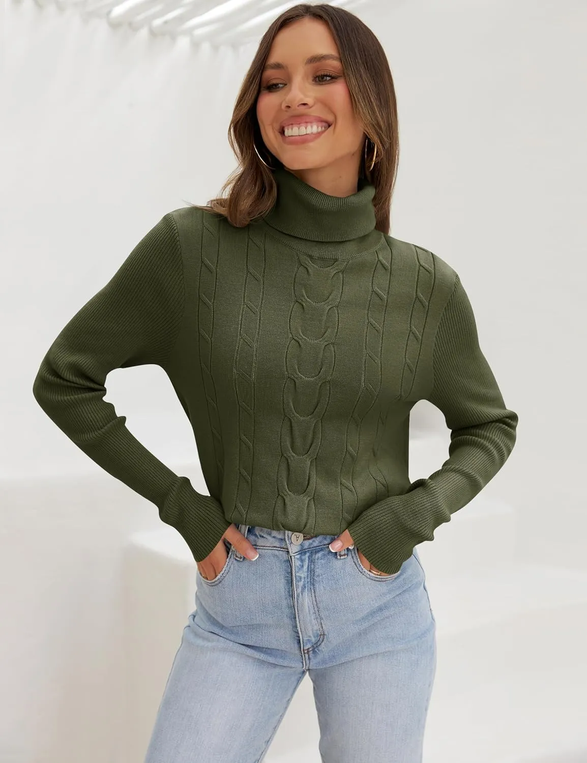 LEANI Womens 2024 Turtleneck Sweaters Cable Knit Long Sleeve Pullover Sweater Jumper