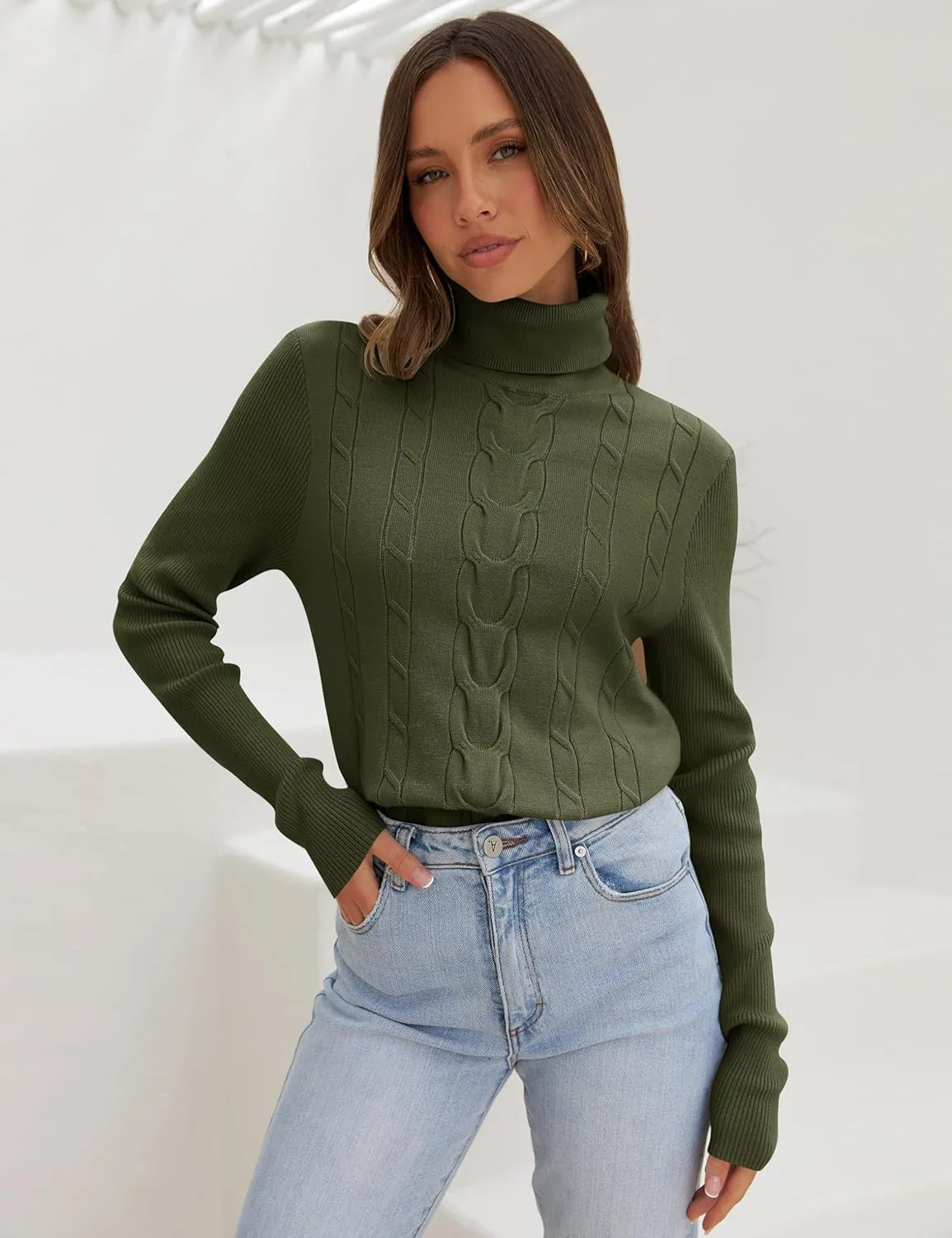LEANI Womens 2024 Turtleneck Sweaters Cable Knit Long Sleeve Pullover Sweater Jumper