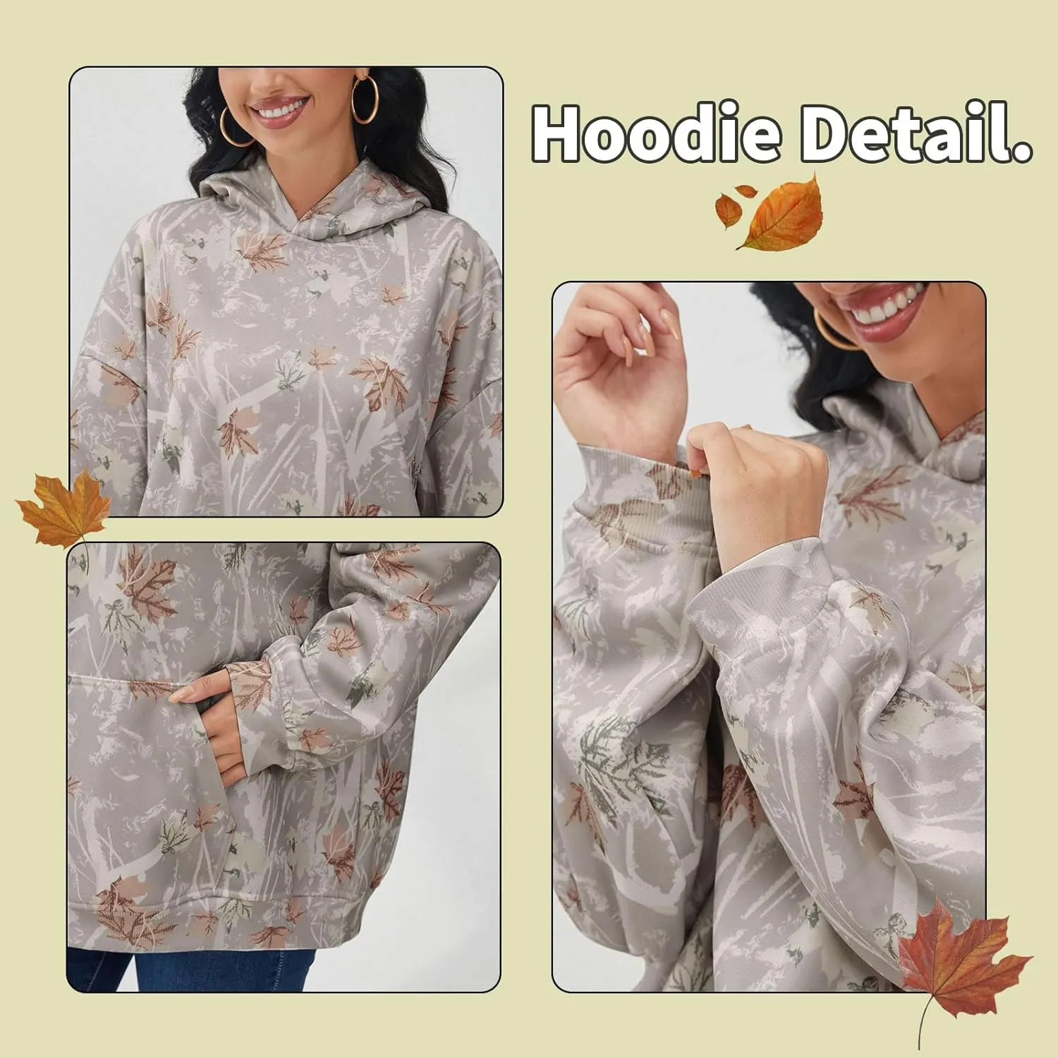 Light Camo Hoodie Womens Graphic Maple Leaf Print Sweatshirt for Women Trendy Oversized Fleece Hoodies with Pockets