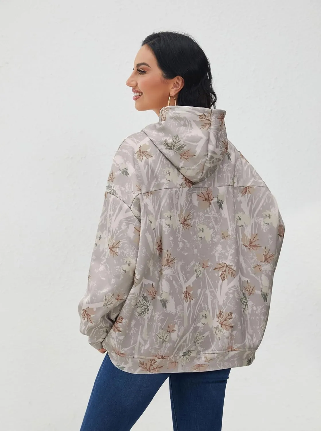 Light Camo Hoodie Womens Graphic Maple Leaf Print Sweatshirt for Women Trendy Oversized Fleece Hoodies with Pockets