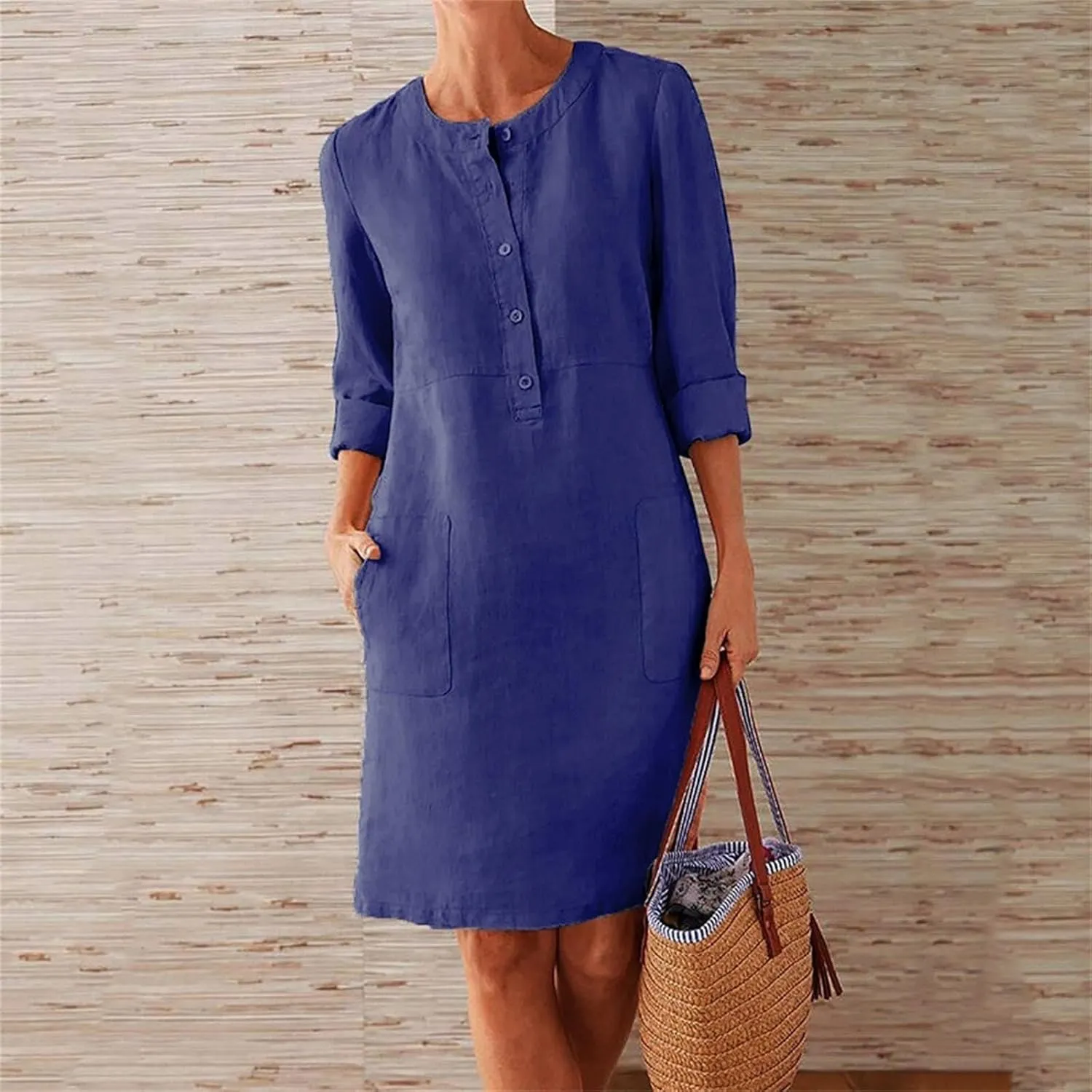 Linen Dresses for Women 2025 Summer Casual 3/4 Sleeve Button Down Midi Dress Plus Size Crewneck Loose Beach Sundress