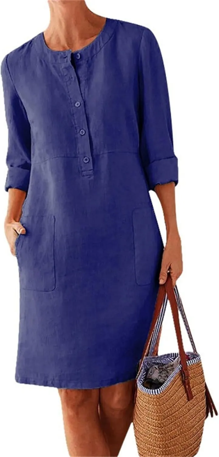 Linen Dresses for Women 2025 Summer Casual 3/4 Sleeve Button Down Midi Dress Plus Size Crewneck Loose Beach Sundress