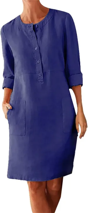 Linen Dresses for Women 2025 Summer Casual 3/4 Sleeve Button Down Midi Dress Plus Size Crewneck Loose Beach Sundress