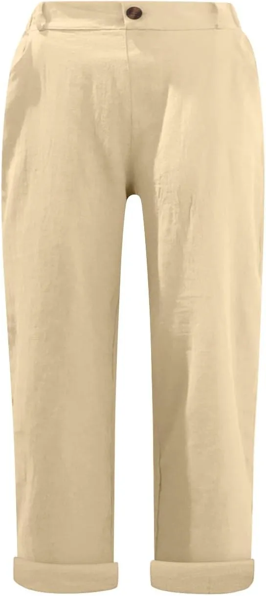 Linen Pants for Women 2025 Casual Elastic Waist Cropped Trouser Fashion Resort Wear Beach Vacation Capris Clothes