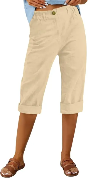 Linen Pants for Women 2025 Casual Elastic Waist Cropped Trouser Fashion Resort Wear Beach Vacation Capris Clothes