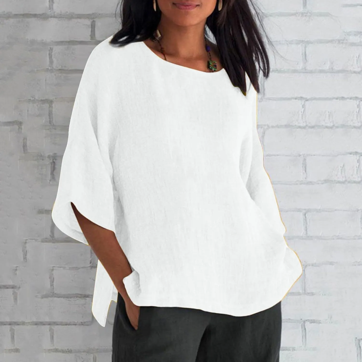 Linen Shirts for Women Plus Size 3/4 Length Sleeve Tops Casual Loose Fit Round Neck Tees 2025 Summer Fashion Blouse