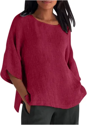 Linen Shirts for Women Plus Size 3/4 Length Sleeve Tops Casual Loose Fit Round Neck Tees 2025 Summer Fashion Blouse