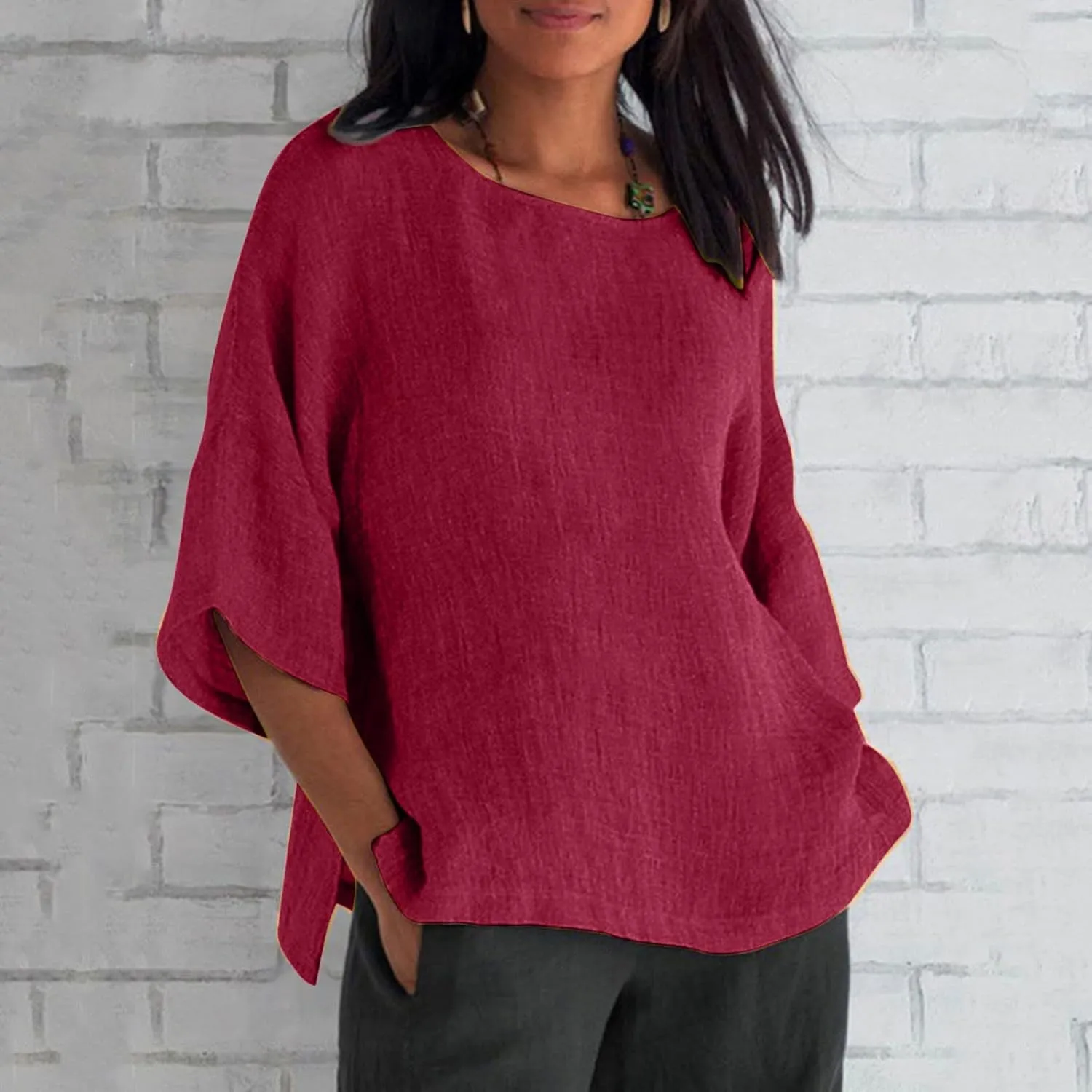 Linen Shirts for Women Plus Size 3/4 Length Sleeve Tops Casual Loose Fit Round Neck Tees 2025 Summer Fashion Blouse