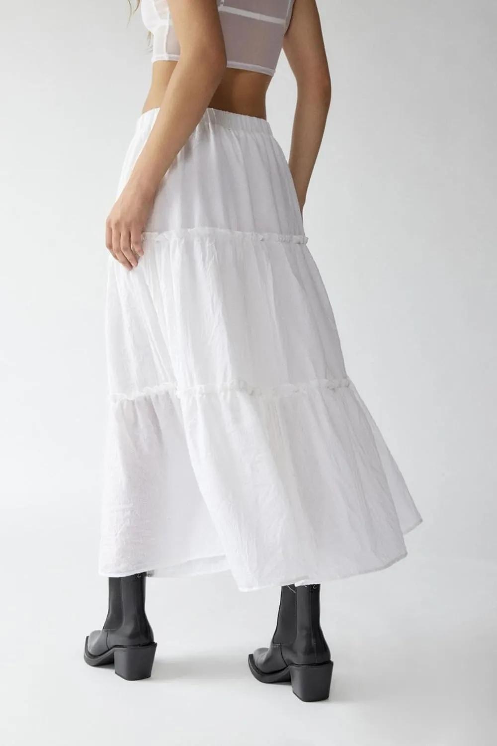 Lisskolo Tiered Skirts for Women Boho Maxi Flowy Pleated Skirts Elastic High Waist Ruffle A-Line Swing Long Beach Skirts
