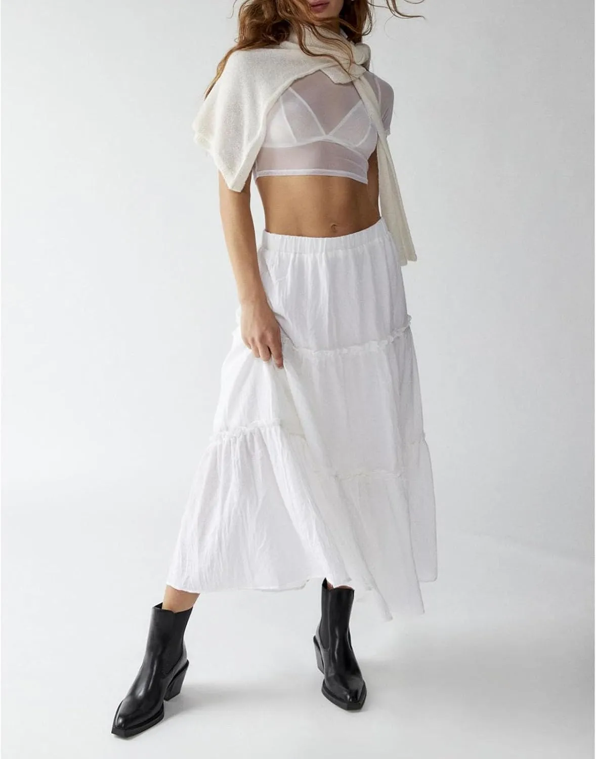 Lisskolo Tiered Skirts for Women Boho Maxi Flowy Pleated Skirts Elastic High Waist Ruffle A-Line Swing Long Beach Skirts
