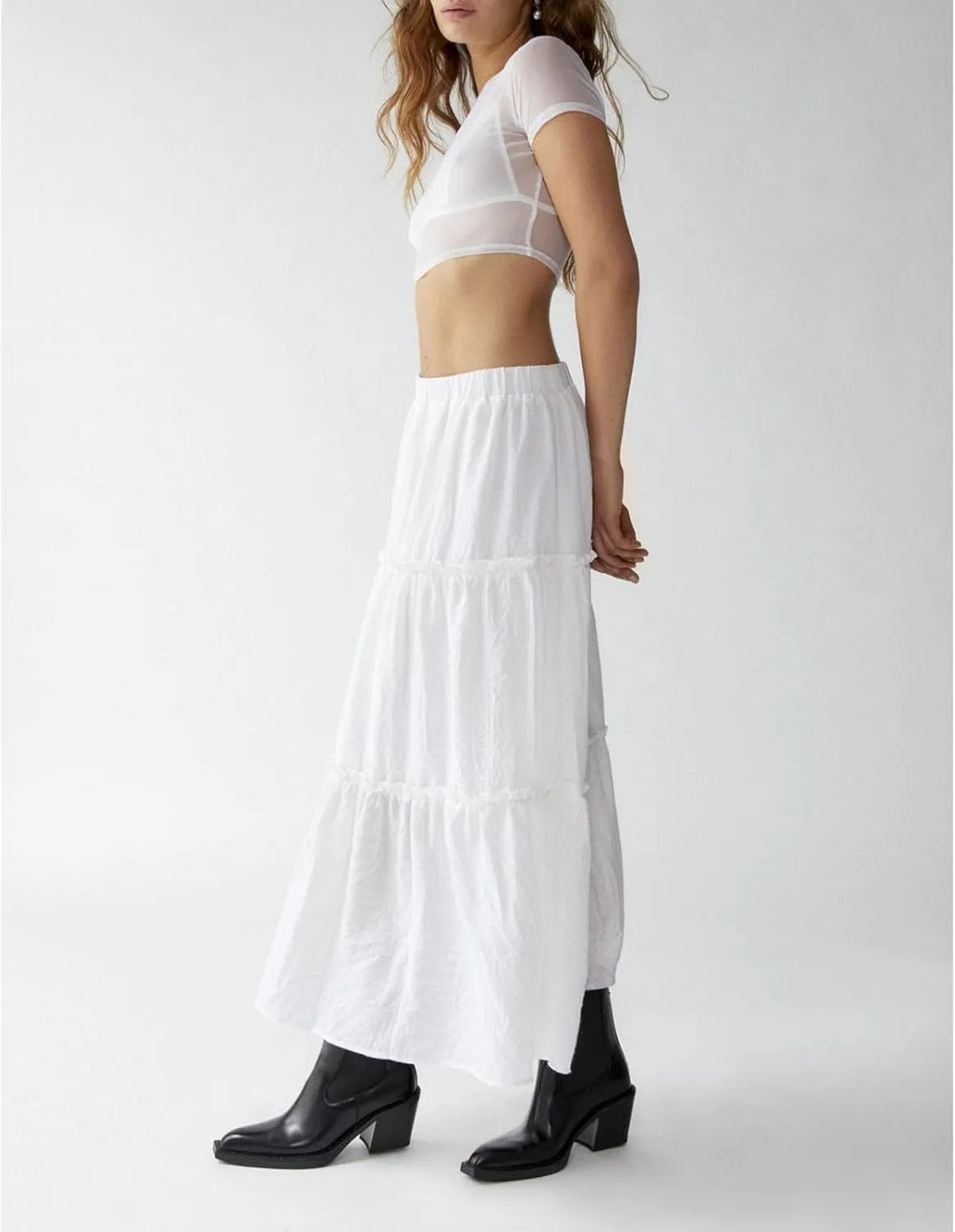 Lisskolo Tiered Skirts for Women Boho Maxi Flowy Pleated Skirts Elastic High Waist Ruffle A-Line Swing Long Beach Skirts