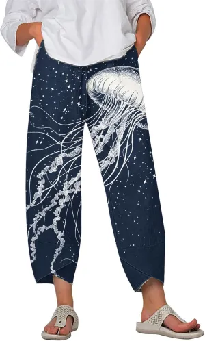 LOAIHA Japanese Pants Cotton Pants Women Wide Leg Elastic Waist Capri Pants Casual Y2k Pants Cropped Trousers with Pockets