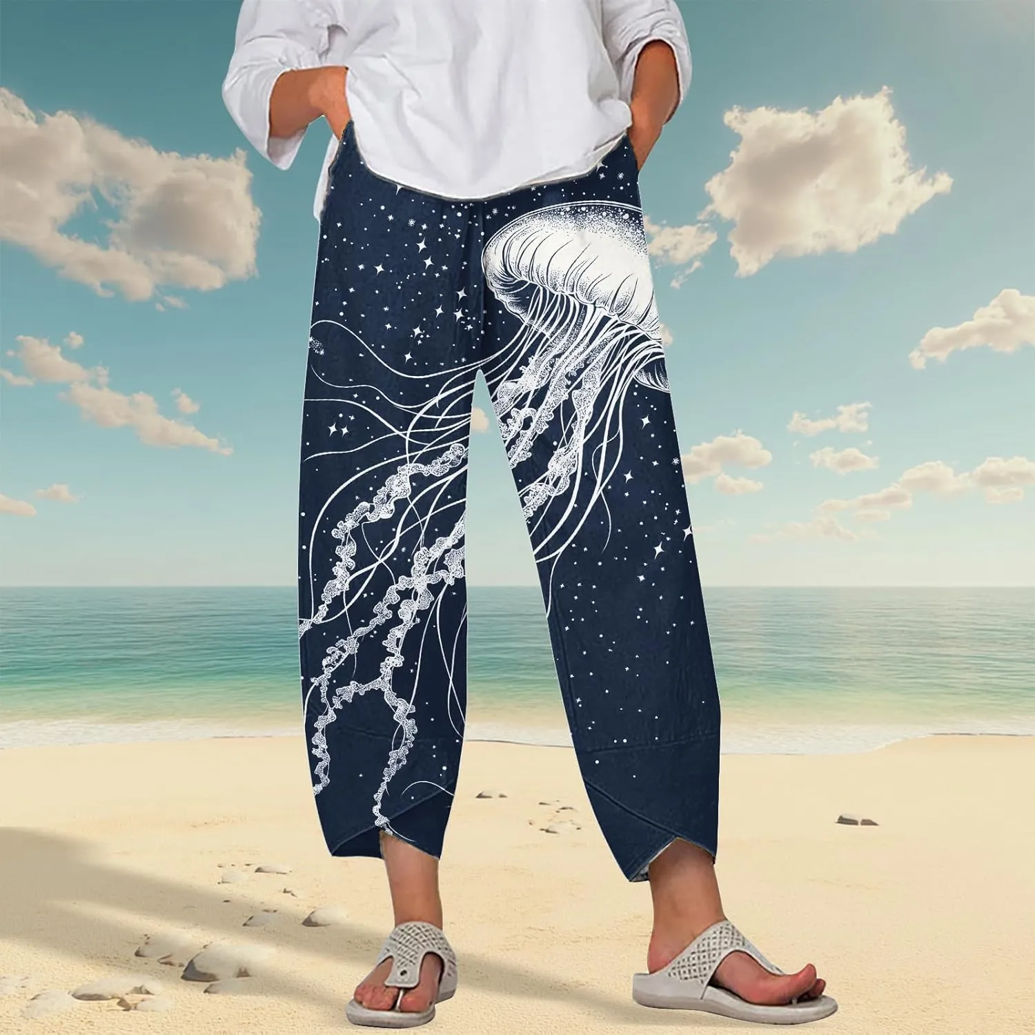 LOAIHA Japanese Pants Cotton Pants Women Wide Leg Elastic Waist Capri Pants Casual Y2k Pants Cropped Trousers with Pockets