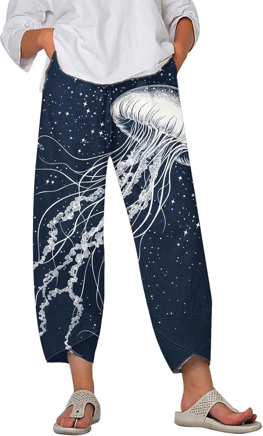 LOAIHA Japanese Pants Cotton Pants Women Wide Leg Elastic Waist Capri Pants Casual Y2k Pants Cropped Trousers with Pockets