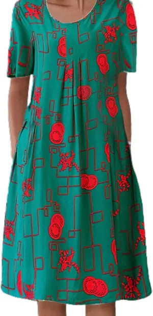 LOAIHA Women's Boho Dress Floral Print Short Sleeve T Shirt Dress 2024 Summer Casual Loose Swing Midi Dresses with Pockets