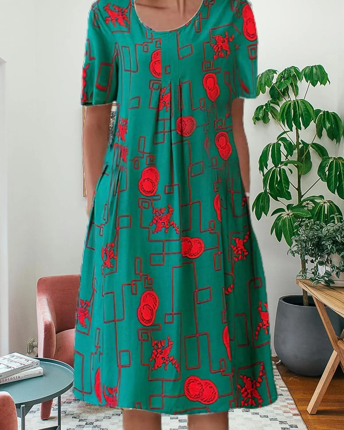 LOAIHA Women's Boho Dress Floral Print Short Sleeve T Shirt Dress 2024 Summer Casual Loose Swing Midi Dresses with Pockets