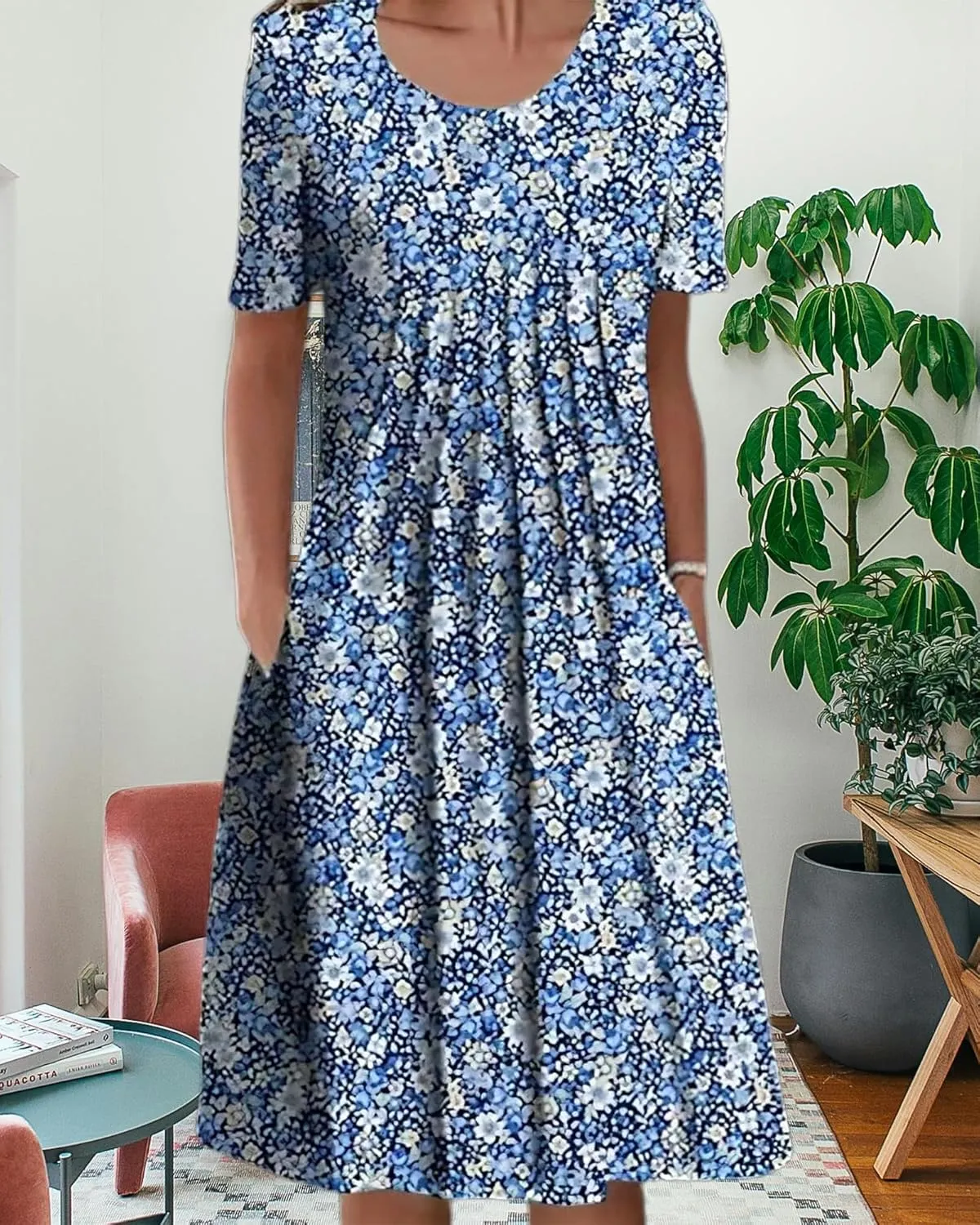 LOAIHA Women's Boho Dress Floral Print Short Sleeve T Shirt Dress 2024 Summer Casual Loose Swing Midi Dresses with Pockets