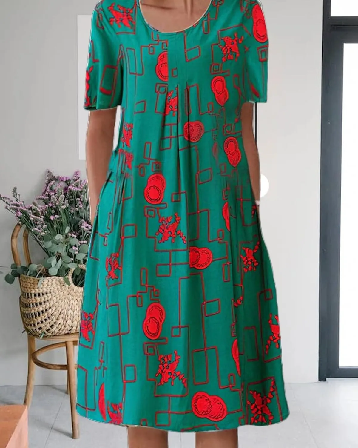 LOAIHA Women's Boho Dress Floral Print Short Sleeve T Shirt Dress 2024 Summer Casual Loose Swing Midi Dresses with Pockets