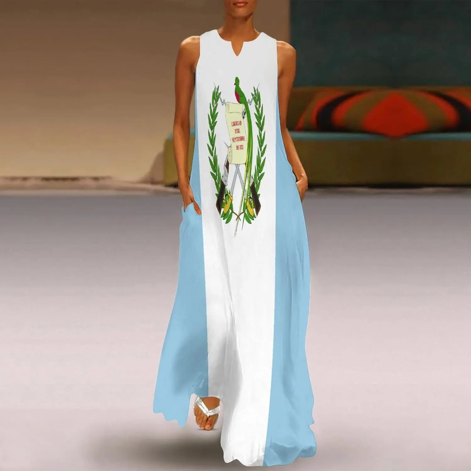 Long Dress Dress for Womens Summer Top Guatemala Flag Casual V Neck Shift Dress L