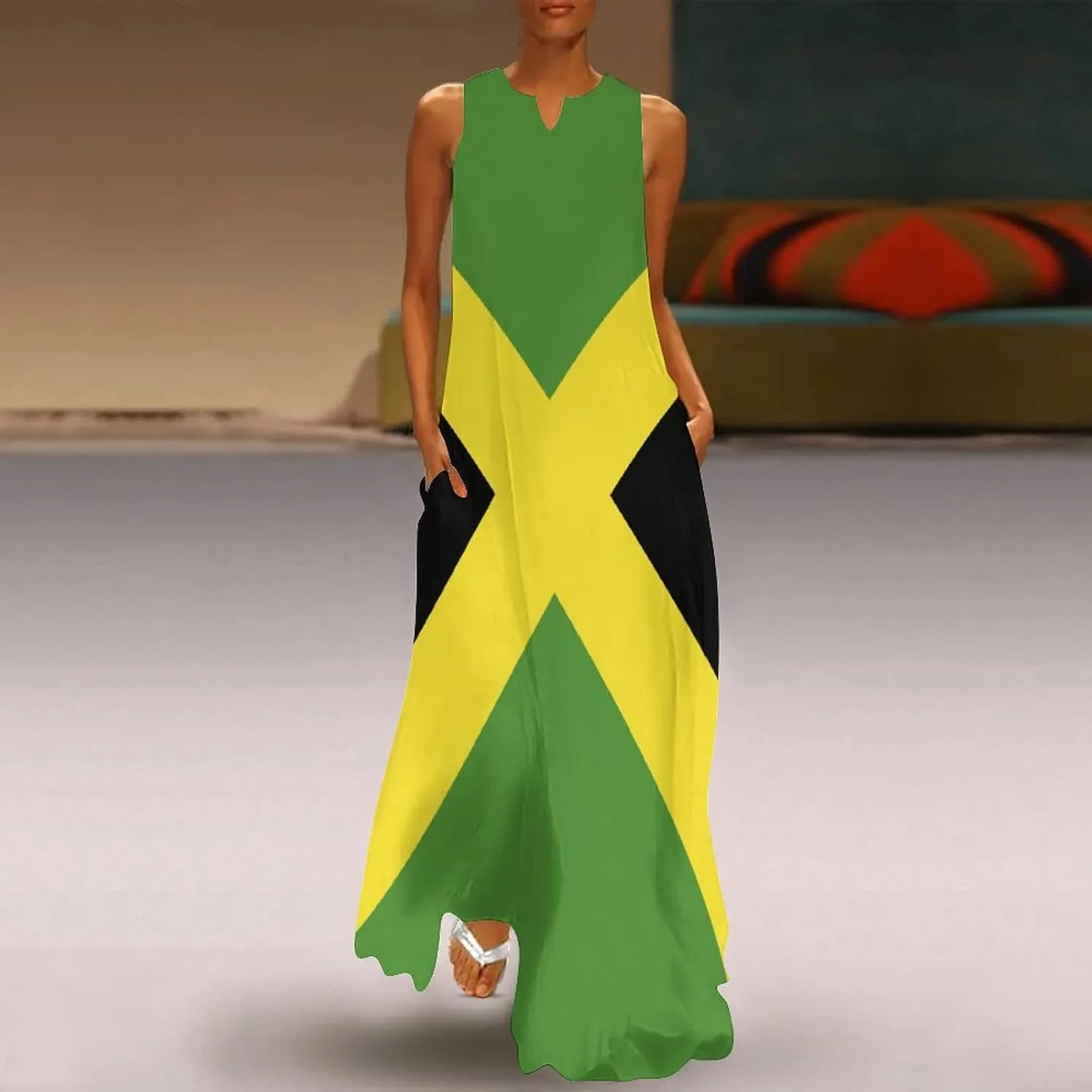 Long Dress Dress for Womens Summer Top Jamaican Flag Casual V Neck Shift Dress 2XL
