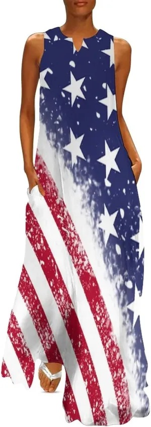 Long Dress Skirts for Womens Summer Top American Flag Casual V Neck Shift Dress S