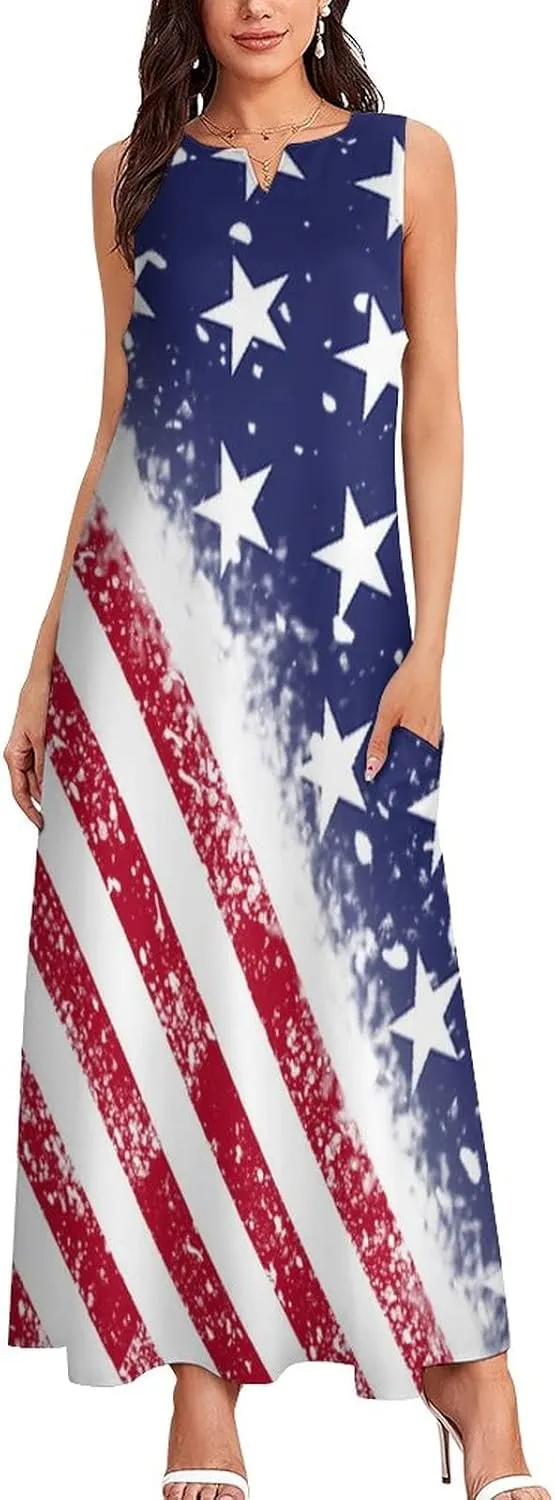 Long Dress Skirts for Womens Summer Top American Flag Casual V Neck Shift Dress S