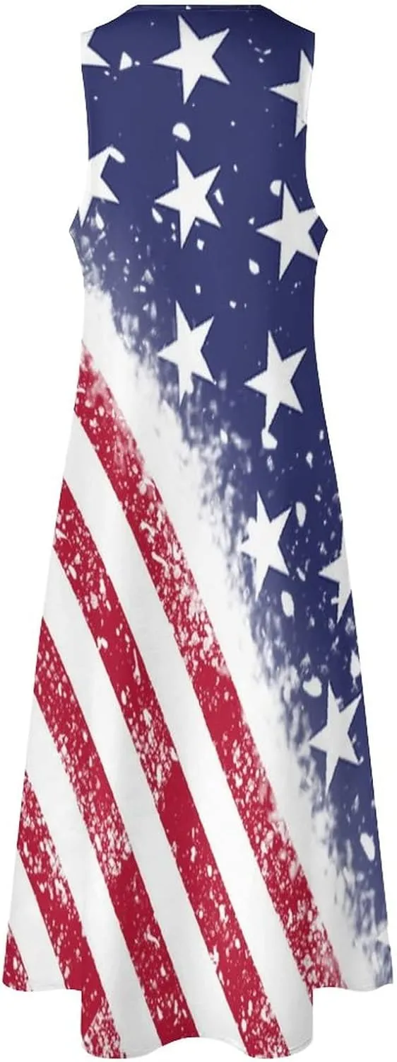 Long Dress Skirts for Womens Summer Top American Flag Casual V Neck Shift Dress S
