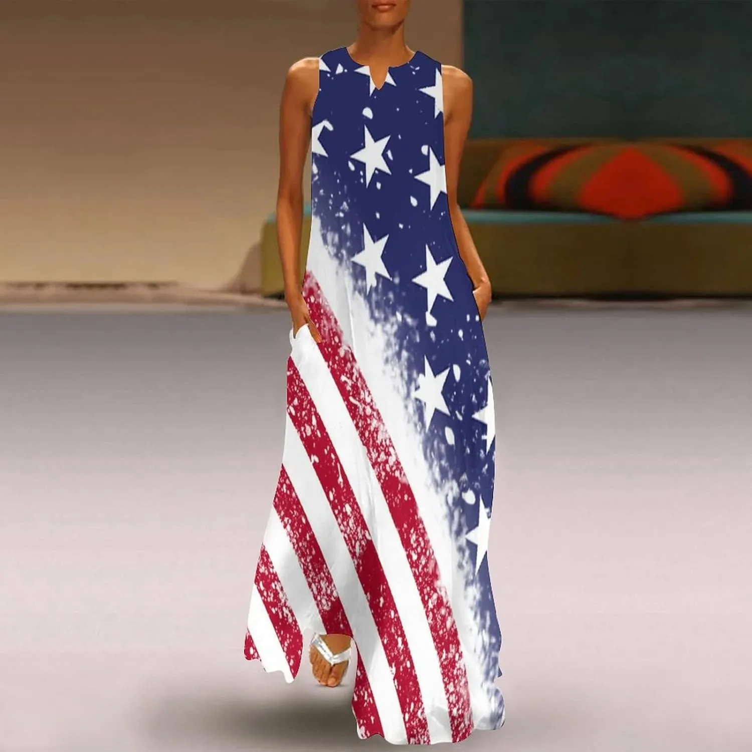Long Dress Skirts for Womens Summer Top American Flag Casual V Neck Shift Dress S