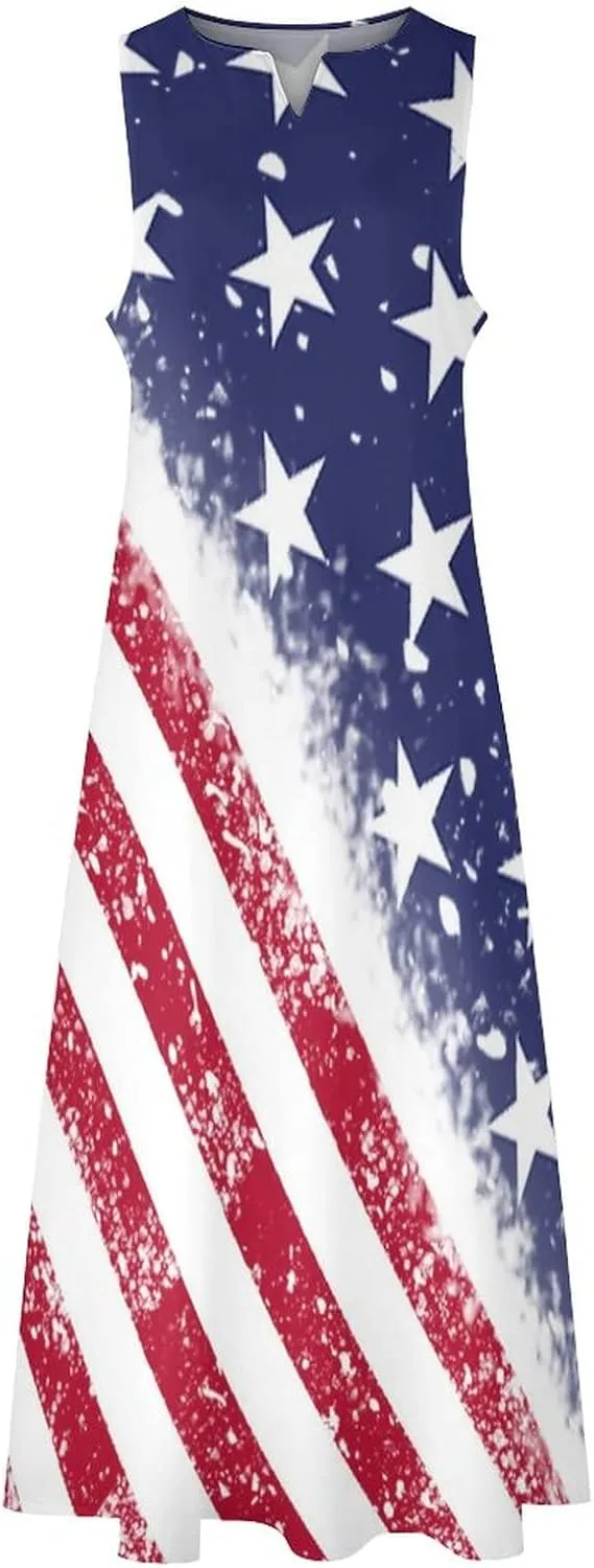 Long Dress Skirts for Womens Summer Top American Flag Casual V Neck Shift Dress S