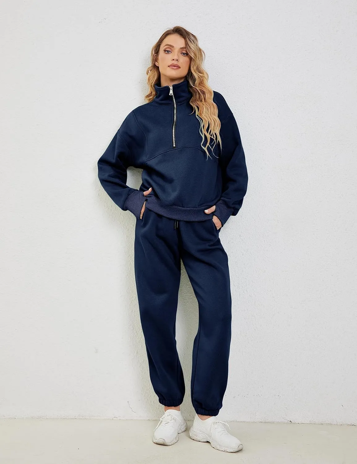LTSCNRM Women Fleece Sweatsuits Two Piece Airport Outfits Half Zip Pullover Sweatshirt Jogging Pants Tracksuit Set