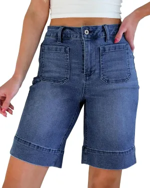 luvamia Bermuda Shorts for Women High Waisted Trendy Patch Pocket Casual Vintage Long Stretchy Denim Shorts Summer Jorts
