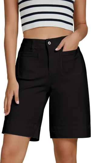 luvamia Bermuda Shorts for Women High Waisted Trendy Patch Pocket Casual Vintage Long Stretchy Denim Shorts Summer Jorts