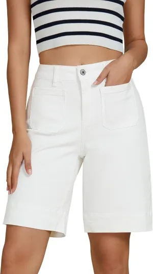 luvamia Bermuda Shorts for Women High Waisted Trendy Patch Pocket Casual Vintage Long Stretchy Denim Shorts Summer Jorts