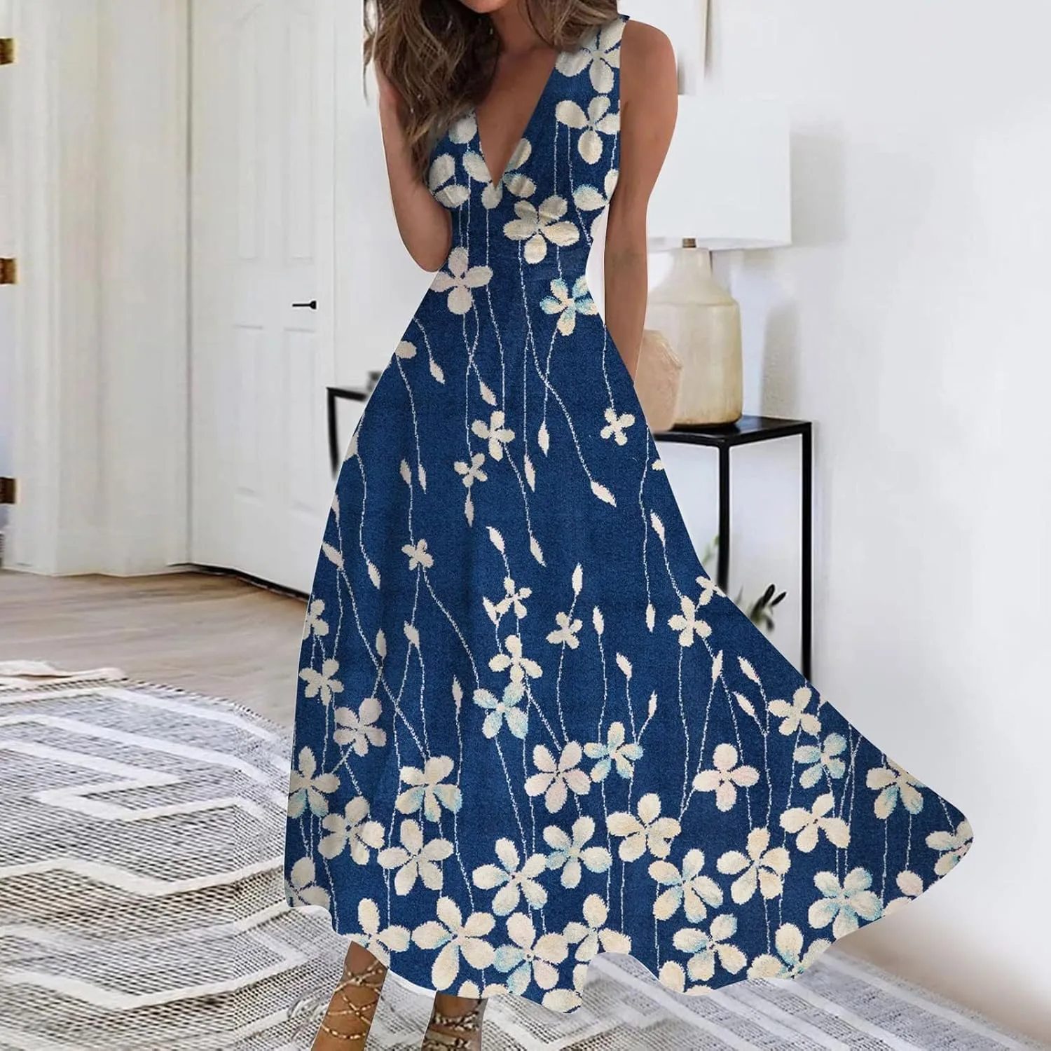 Maxi Dresses for Women 2024 Pink Spring Long Maxi Dress Summer Sleeveless V Neck Boho Waist Retraction Printed Dress
