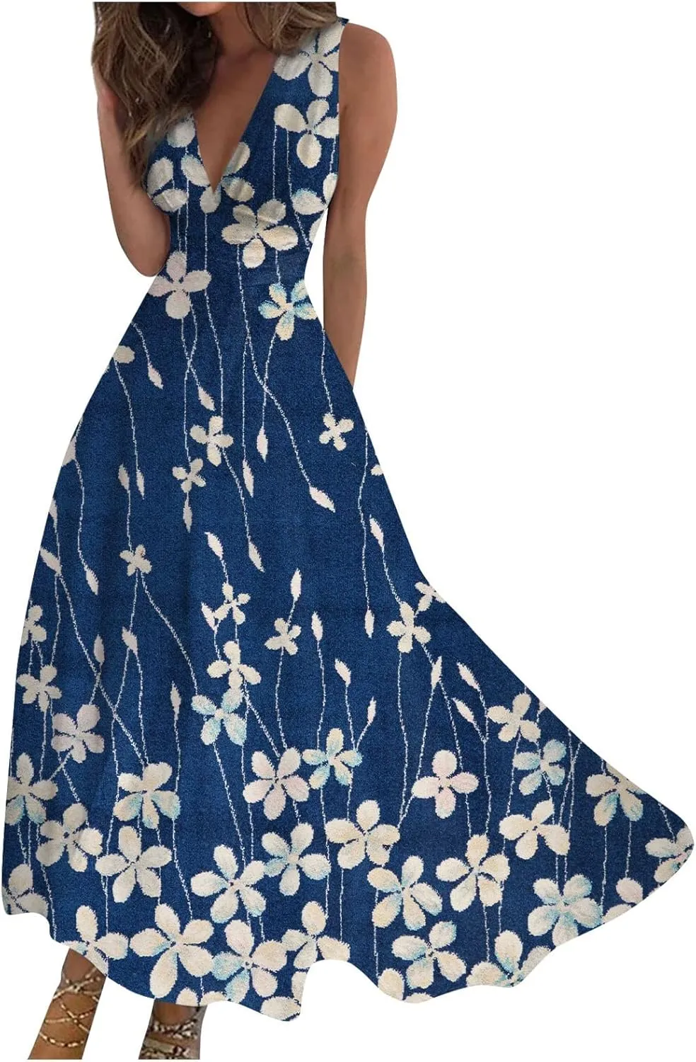 Maxi Dresses for Women 2024 Pink Spring Long Maxi Dress Summer Sleeveless V Neck Boho Waist Retraction Printed Dress