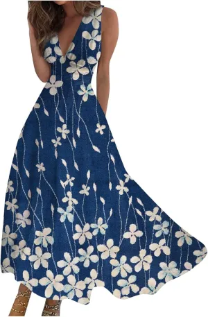 Maxi Dresses for Women 2024 Pink Spring Long Maxi Dress Summer Sleeveless V Neck Boho Waist Retraction Printed Dress