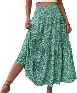 Maxi Skirts for Women with Pockets 2025 Summer Long High Elastic Waist Boho Flowy Ruffle A-Line Midi Length Floral Skirt