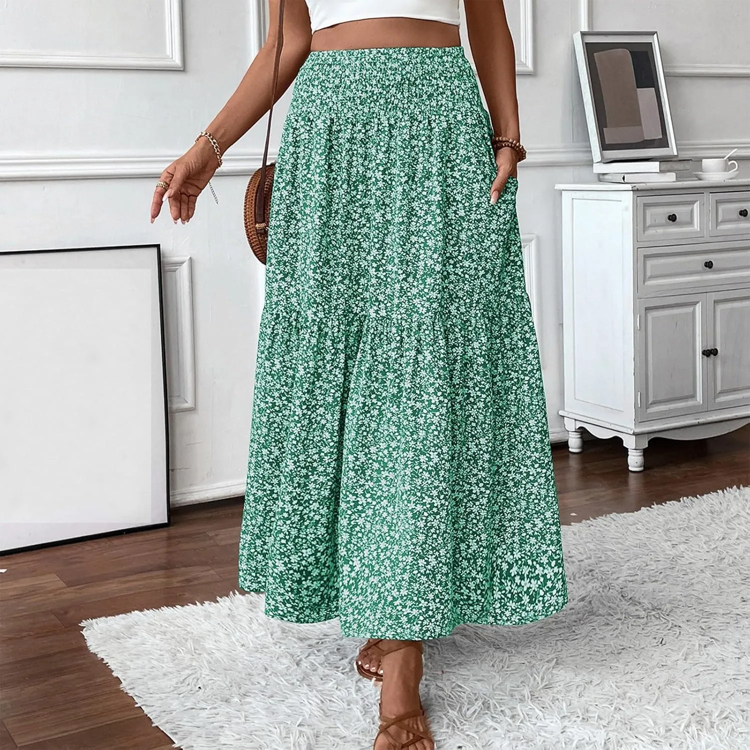 Maxi Skirts for Women with Pockets 2025 Summer Long High Elastic Waist Boho Flowy Ruffle A-Line Midi Length Floral Skirt