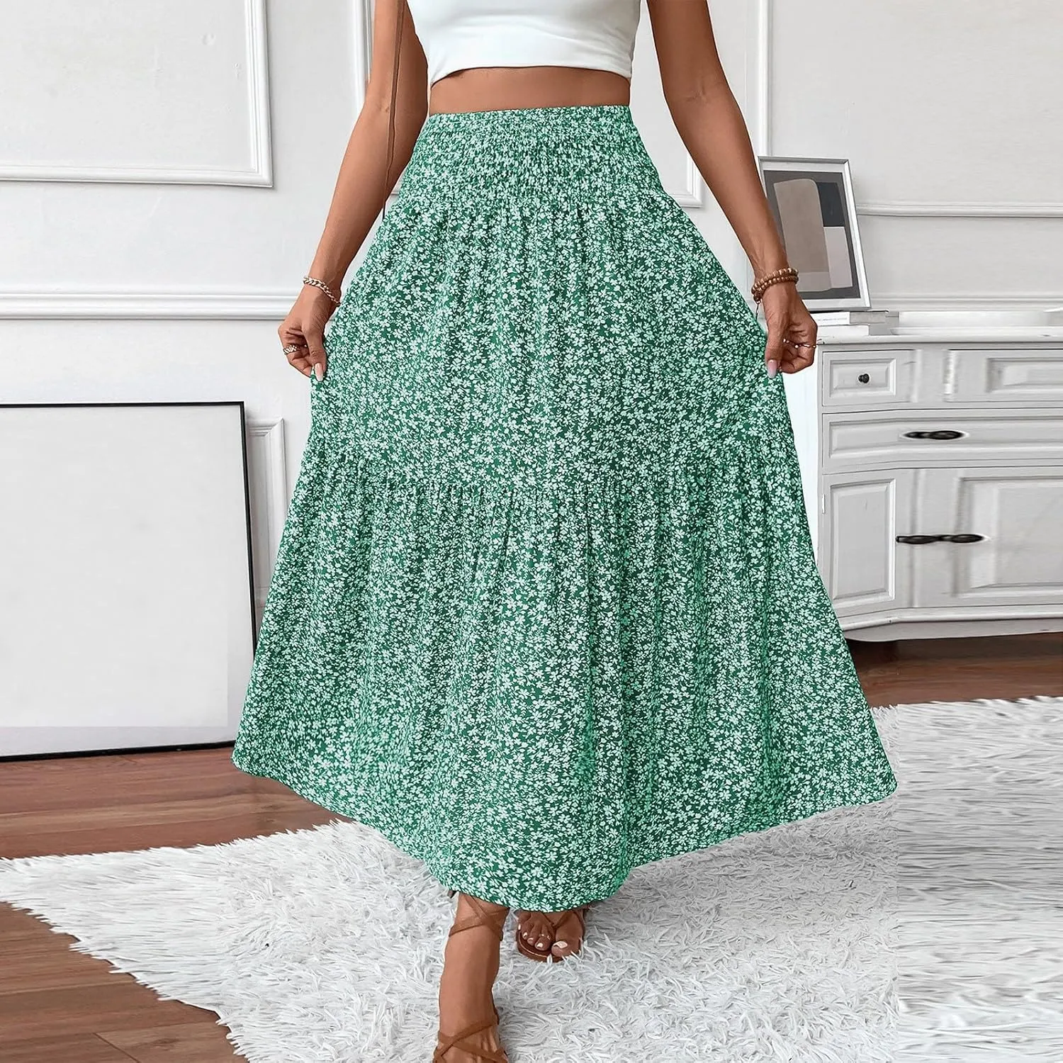 Maxi Skirts for Women with Pockets 2025 Summer Long High Elastic Waist Boho Flowy Ruffle A-Line Midi Length Floral Skirt