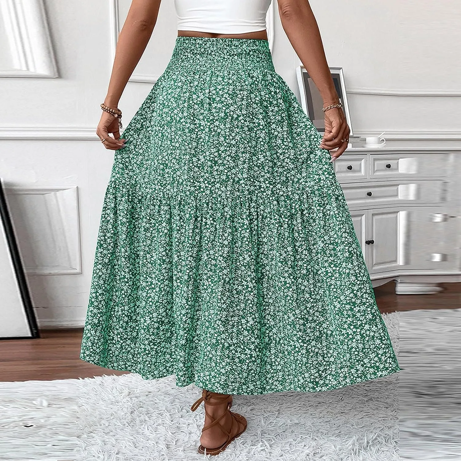 Maxi Skirts for Women with Pockets 2025 Summer Long High Elastic Waist Boho Flowy Ruffle A-Line Midi Length Floral Skirt