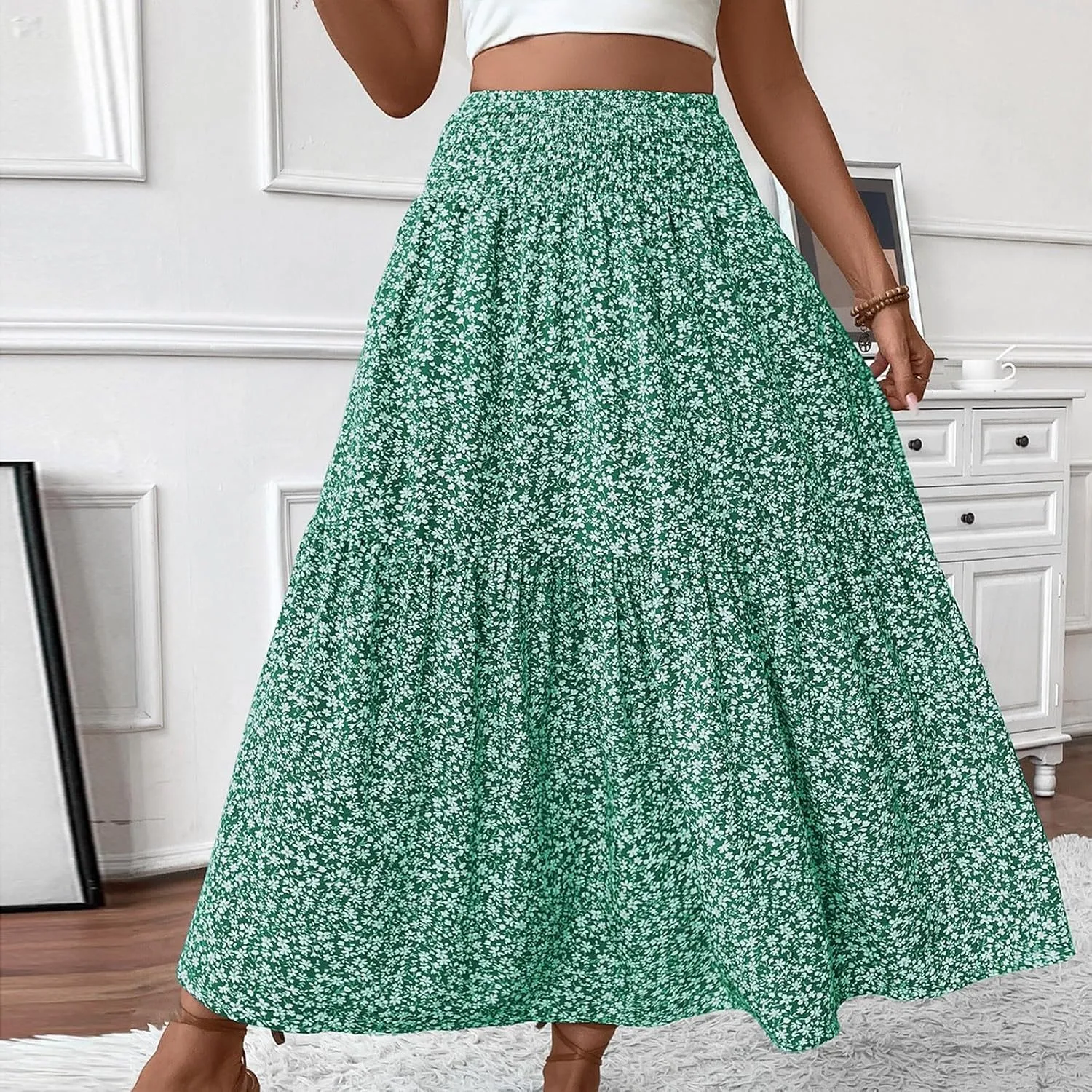 Maxi Skirts for Women with Pockets 2025 Summer Long High Elastic Waist Boho Flowy Ruffle A-Line Midi Length Floral Skirt
