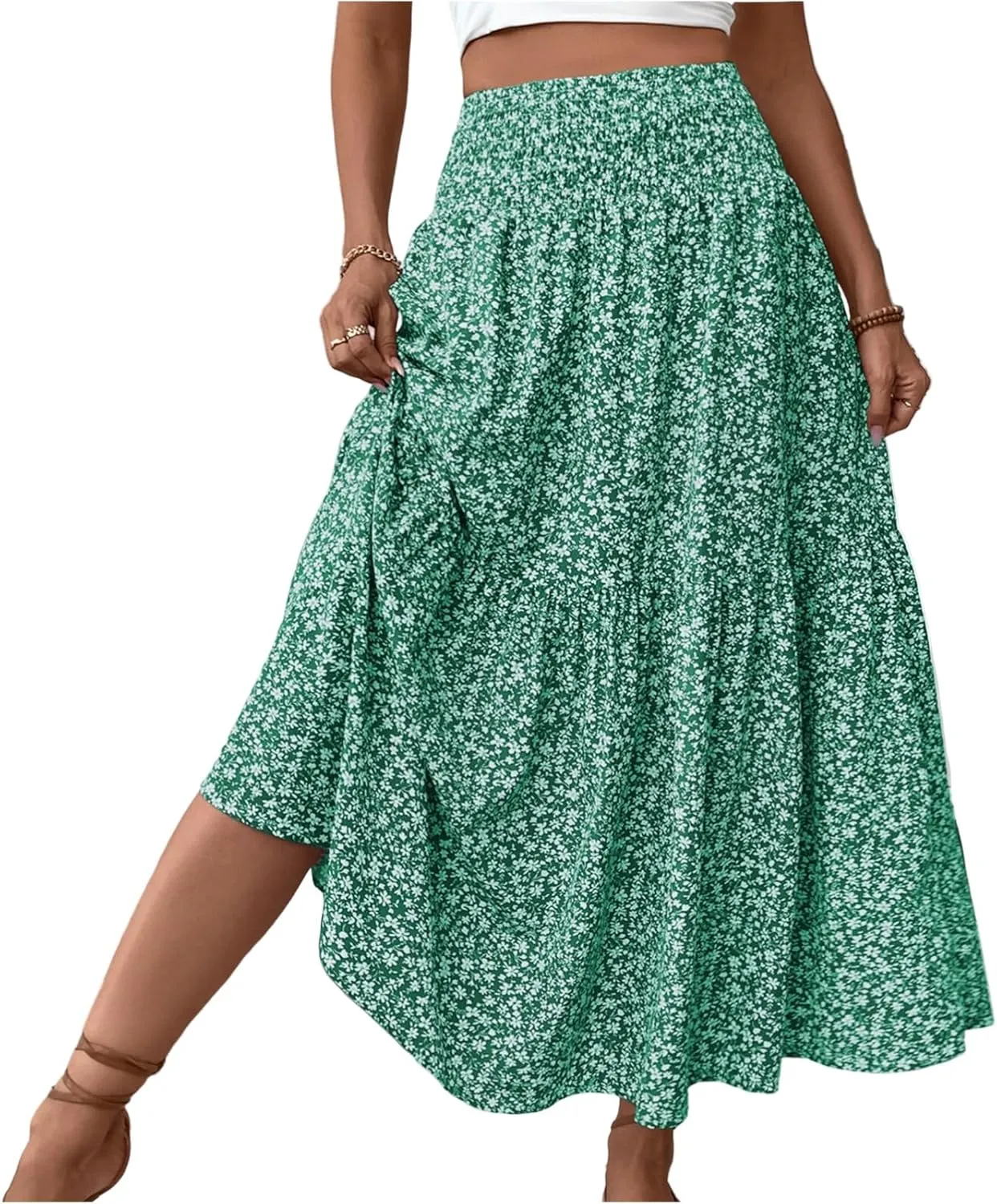 Maxi Skirts for Women with Pockets 2025 Summer Long High Elastic Waist Boho Flowy Ruffle A-Line Midi Length Floral Skirt