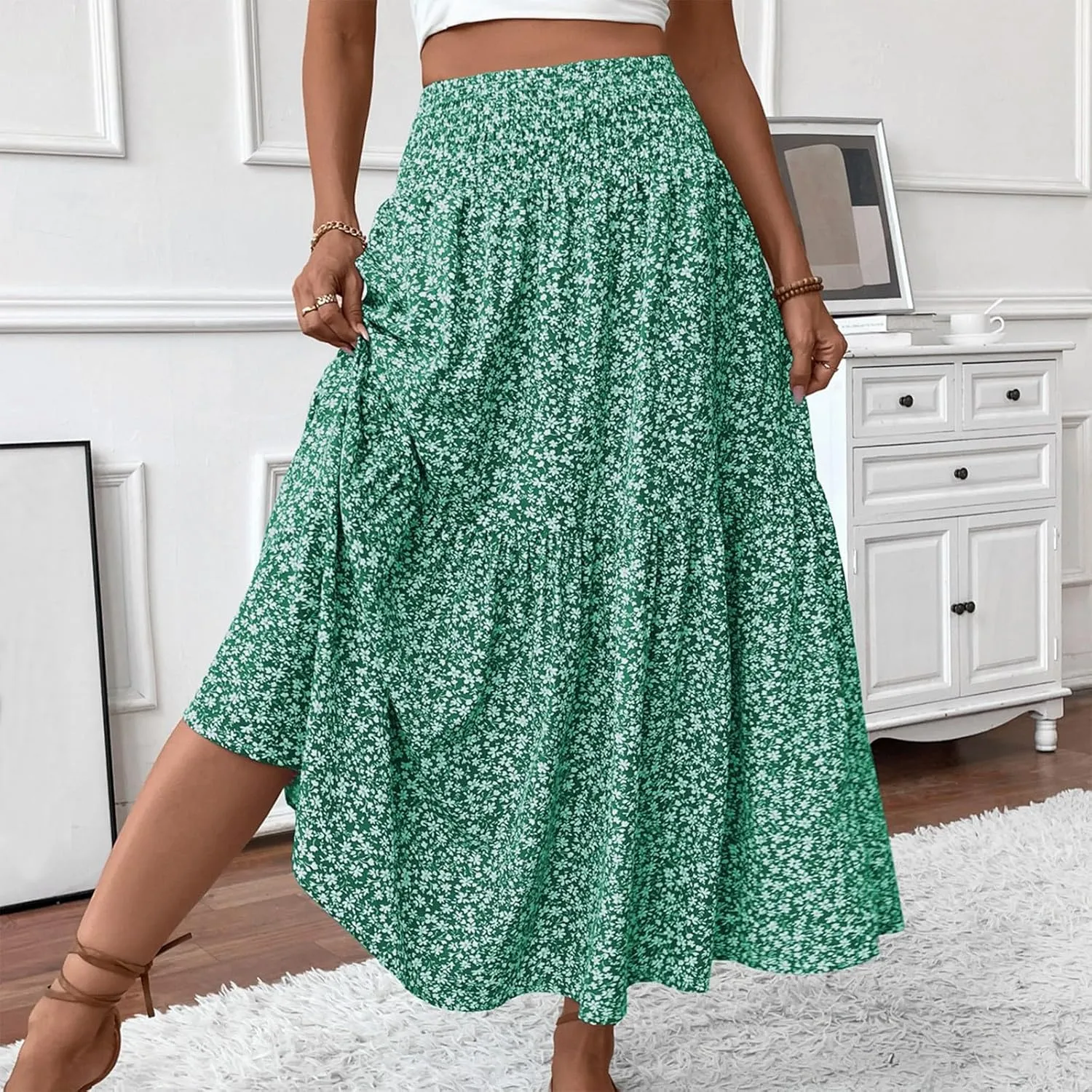 Maxi Skirts for Women with Pockets 2025 Summer Long High Elastic Waist Boho Flowy Ruffle A-Line Midi Length Floral Skirt