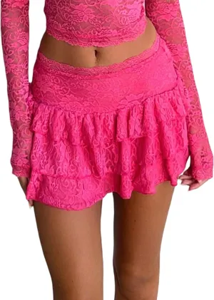 Meiweileya Women Y2k Floral Lace Slip Skirts Mini Low Waist Ruffle Layered Pleated Skirts Half Slip Flowy Tiered Short