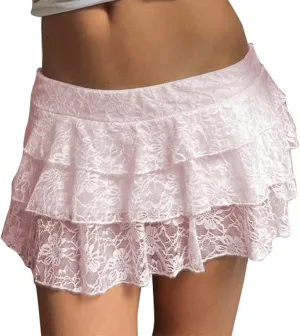 Meiweileya Women Y2k Floral Lace Slip Skirts Mini Low Waist Ruffle Layered Pleated Skirts Half Slip Flowy Tiered Short