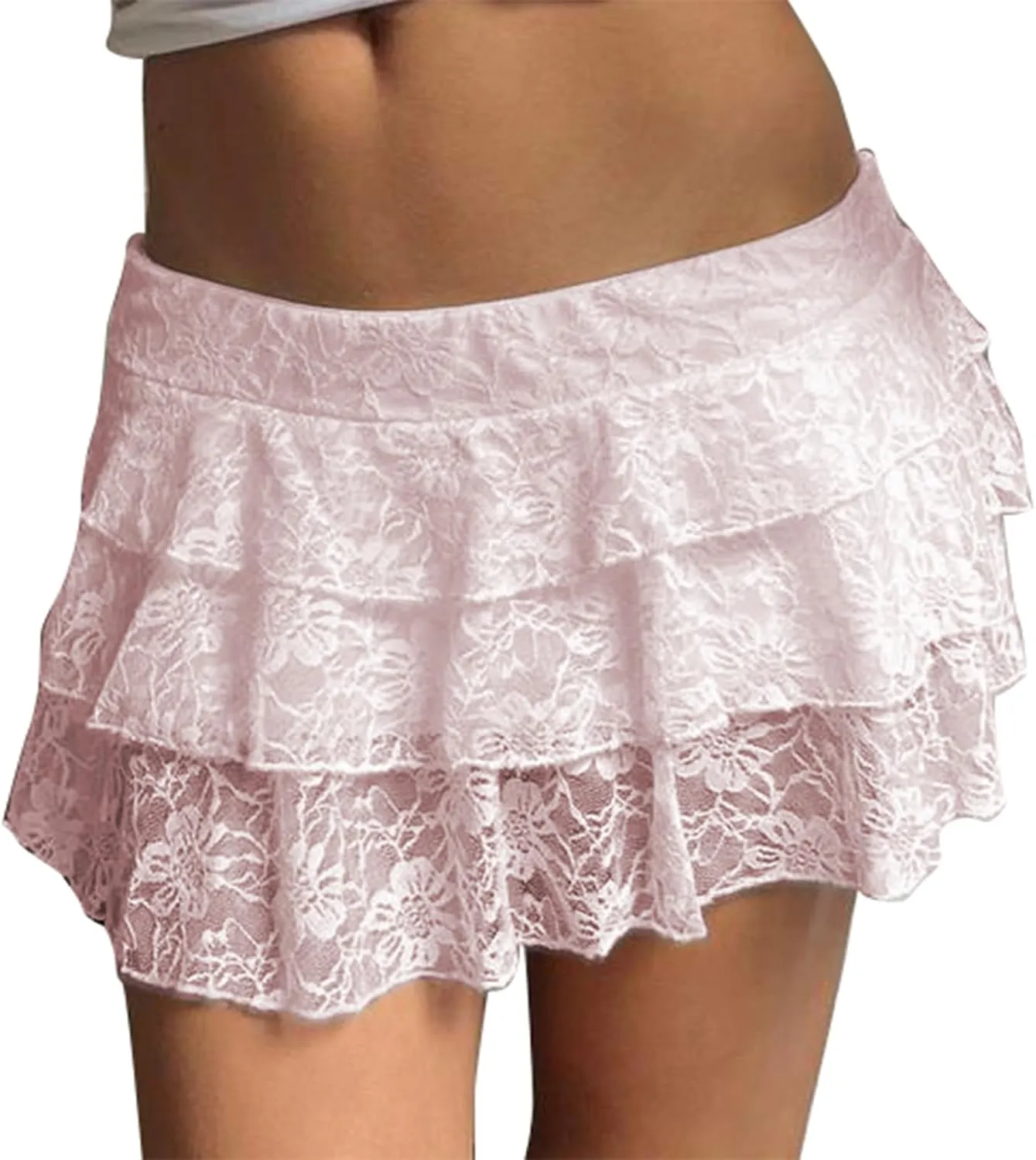 Meiweileya Women Y2k Floral Lace Slip Skirts Mini Low Waist Ruffle Layered Pleated Skirts Half Slip Flowy Tiered Short