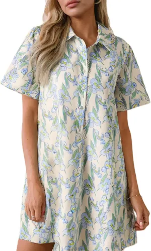 Melliflo Womens Floral Printed Buttoned Mini Dress Lapel Short Sleeve Casual Loose Shirt Dress Summer Shift Sundress