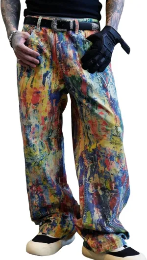 Men's Baggy Hip Hop Jeans Color Print Y2k Vintage Regular Fit Straight-Leg Denim Pants