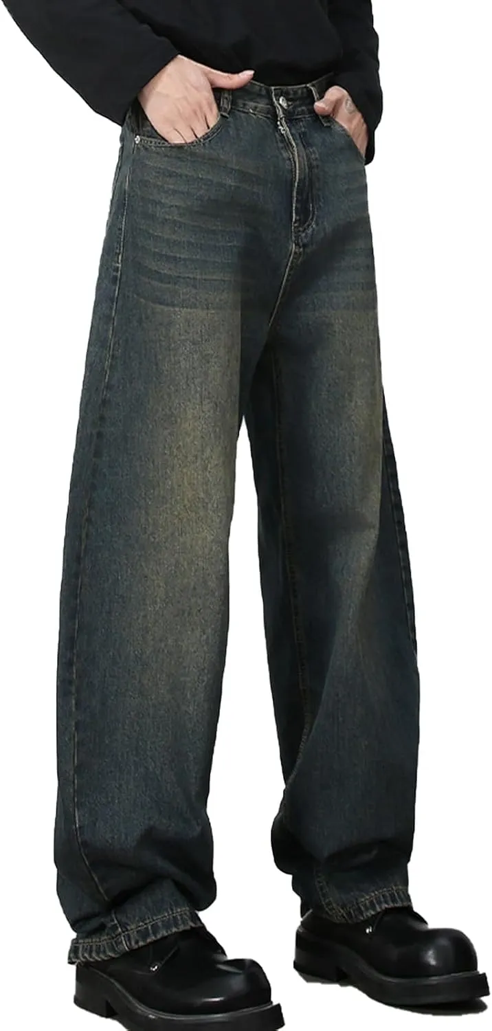 Men's Baggy Wide Leg Barrel Jeans Vintage Plain Washed Relaxed Fit Denim Pants Causal Trendy Cutlass Streetwear